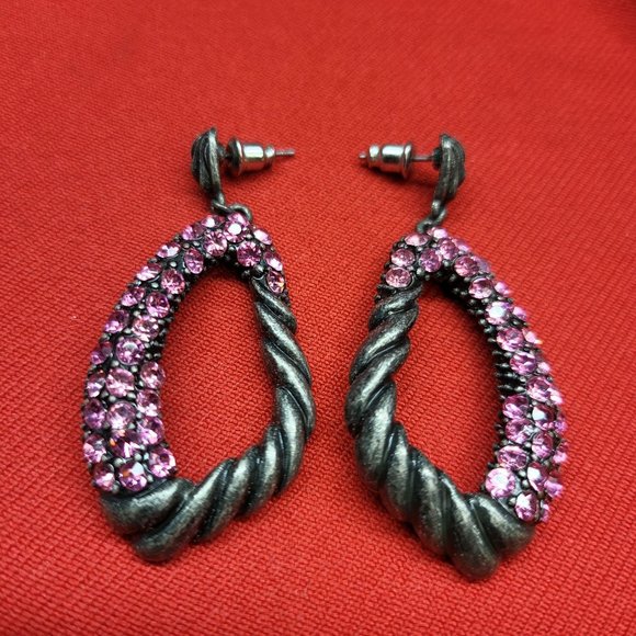Drop Dangle Earring Pewter Silver with Pink Rhinestones - Picture 2 of 12